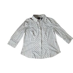 Apostrophe Stretch Womens Brown White Striped 3/4 Sleeve Button Down Shirt Large